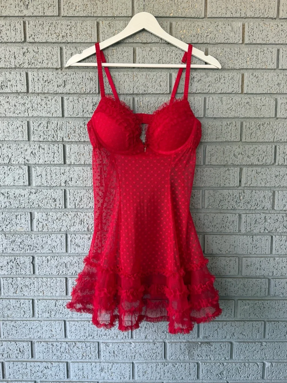 Vintage Sheer Ruffle Mesh Babydoll Slip Dress Chemise Red Size Medium